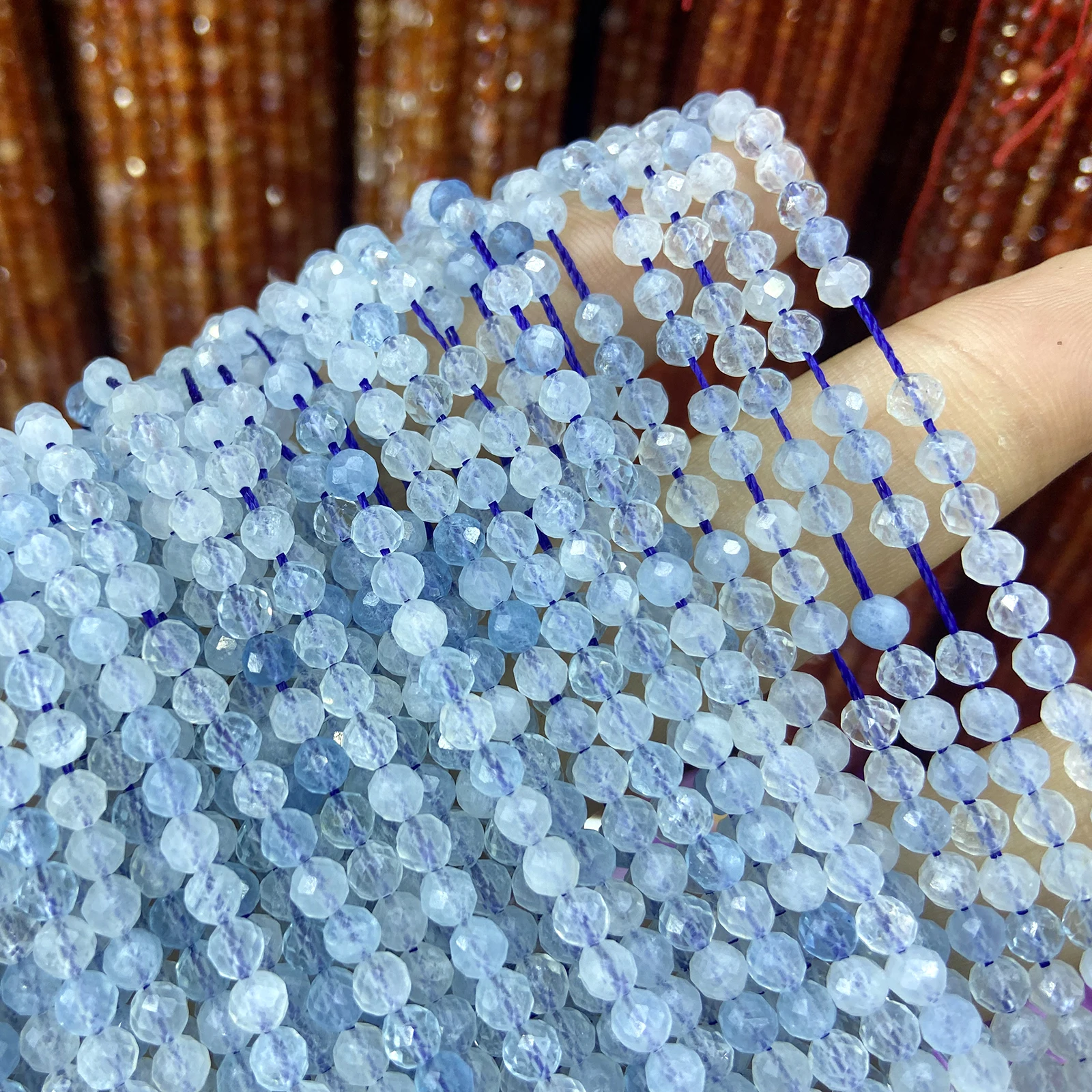 Natural Aquamarine Faceted Gemstone Round Stone Loose Beads With Cut Surfaces for Jewelry Making DIY Bracelets Necklace Strand