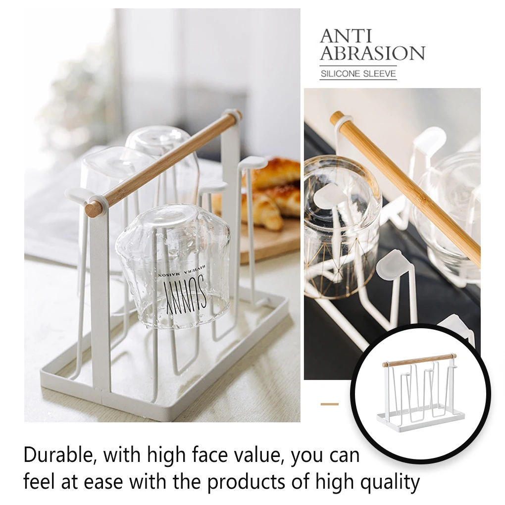 Cup Drainer Wooden Handle Bottle Storage Rack Wine Glass Organizer Brown