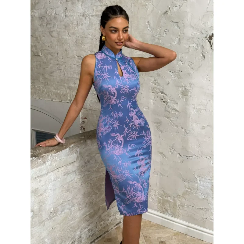 Chinese Style Improved Cheongsam Dress Women Sleeveless Slim Fit Retro Jacquard Print Stand Collar Waist Cinching Medium Long
