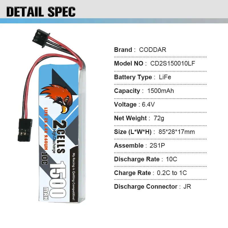 6.4V 1500mAh 10C Battery For Sanwa M12-RS MT46 1/10 Scale Nitro Powered RC Car Airtronics Transmitters Receivers LiFe Battery