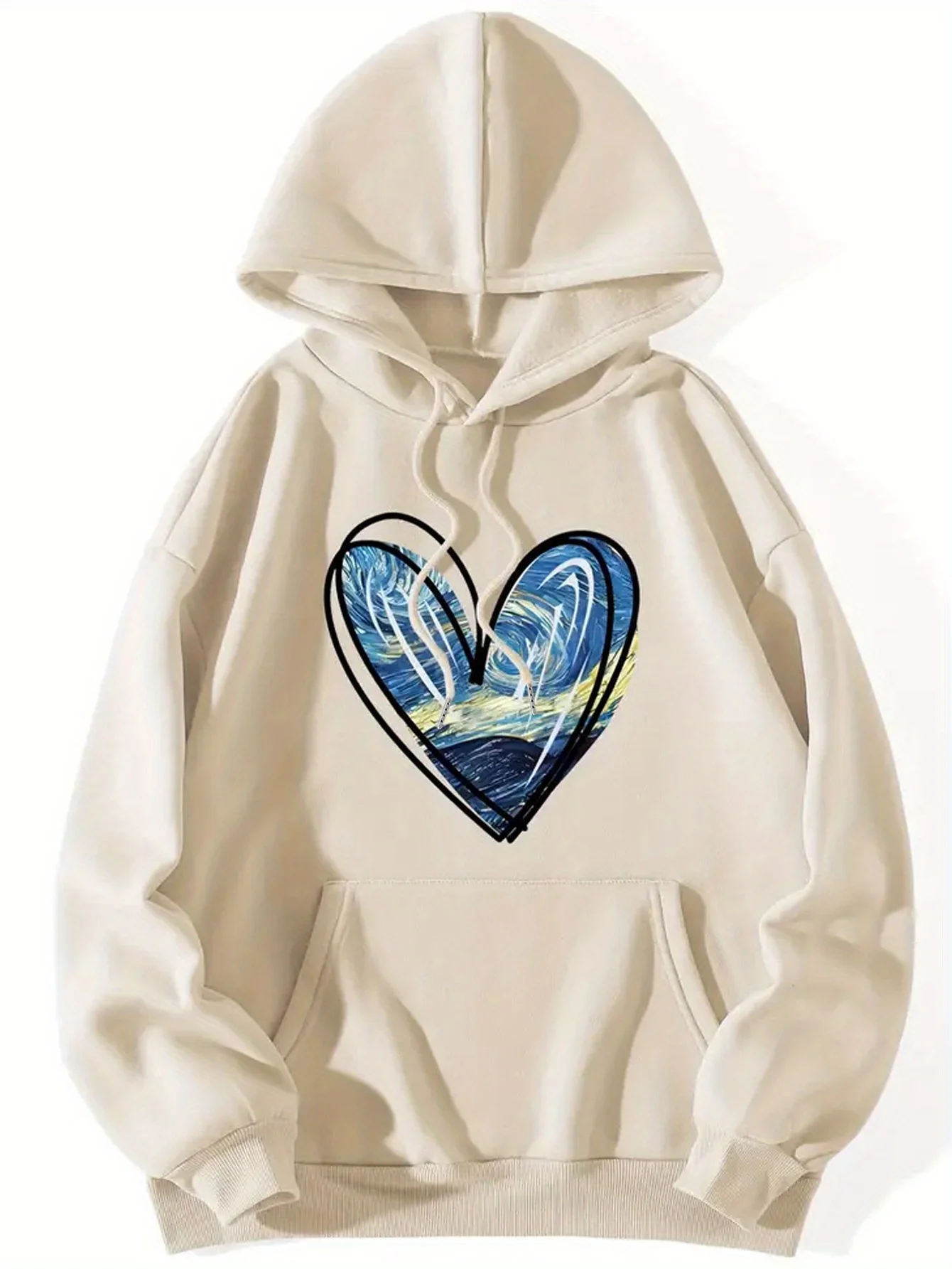 

Heart Print Long Sleeve Hoodie, Drawstring Casual Hooded Sweatshirt, Women's Clothing