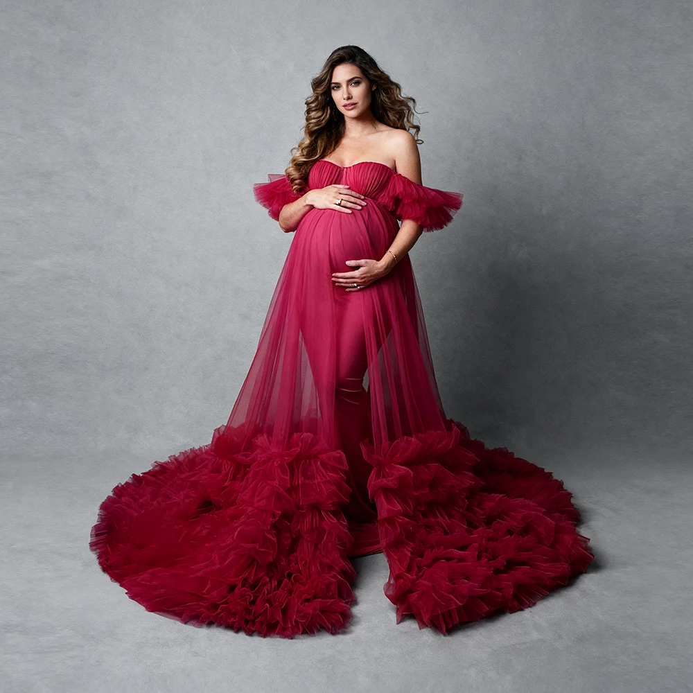 

Maternity Dress Photoshoot Red Off-the-Shoulder Sweetheart Neckline Ruffled Tulle Sleeve Baby Shower Dress Woman YW6330D