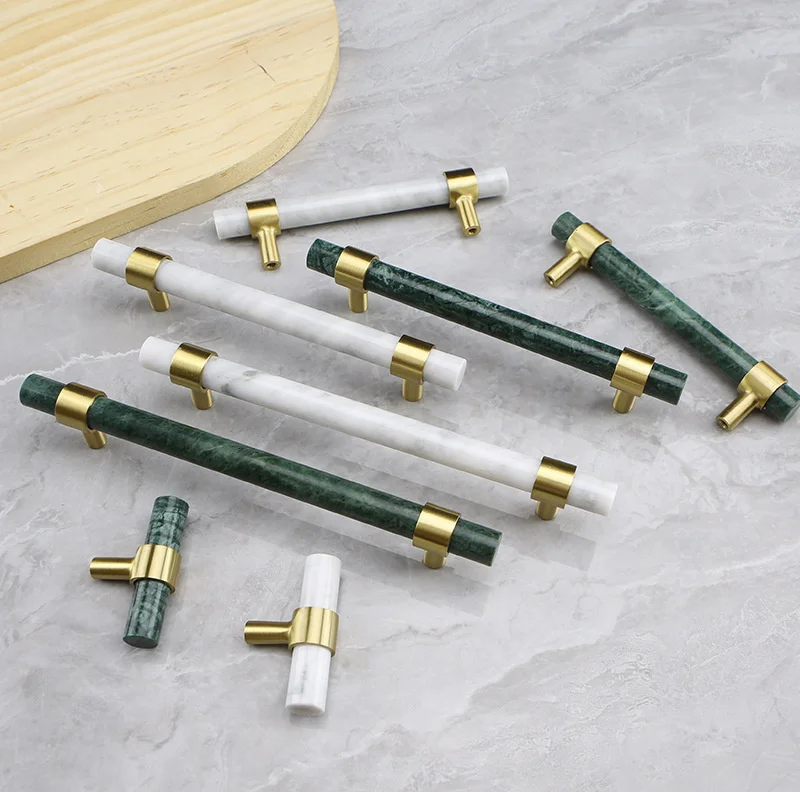 50-200mm Natural Marble Wardrobe Handles Cabinet Door Drawer Knobs Brass Furniture Handles For Kitchen Wine Cupboard Pulls Diy