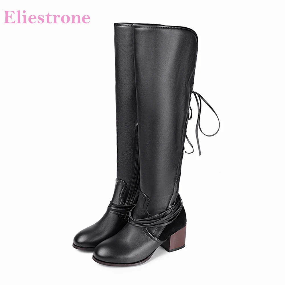 

Winter New Elegant Black Gray Women Over the Knee High Riding Boots Med Heels Lace up Lady Party Shoes Plus Big Size 10 43 47