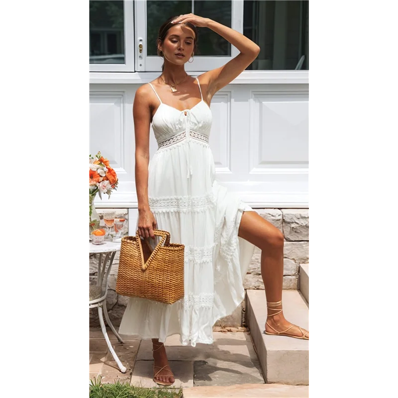 ABRT-Women's Boho Crochet Lace Maxi Dress Solid Color Summer Vacation Spaghetti Strap Long Dress