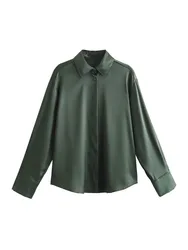 Heavyweight Silk Women Shirts Collar Satin Blackish Green Tops Commuter Blouse 2024 Spring Women Long Sleeved Skirt