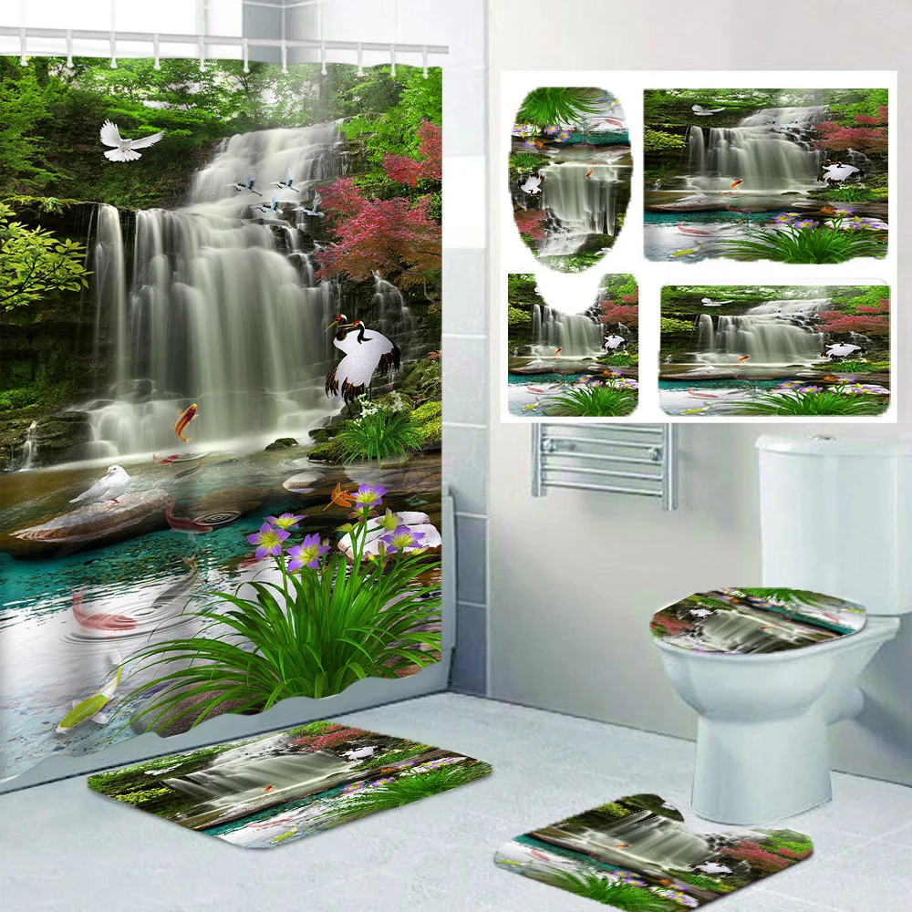 1/4 Forest Waterfalls Shower Curtains, Toilet Seat Decoration, Shower Curtain with Carpet and Toilet Lid, 12 70.8x70.8 inch Hook