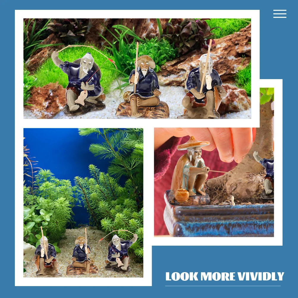 

2Pcs Lovely Fisherman Sculpture Aquarium Ornaments Unique Design Vivid Lively Atmosphere Ceramic Fisherman Ornament