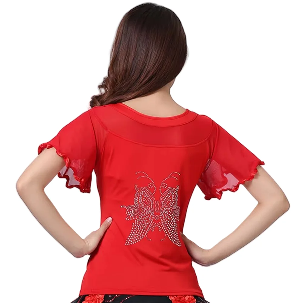 女性スムース社交ダンス衣装ラテンチャチャダンスブラウスダイヤモンドがちりばめられたバタフル衣装タンゴワルツサルササンバトップス