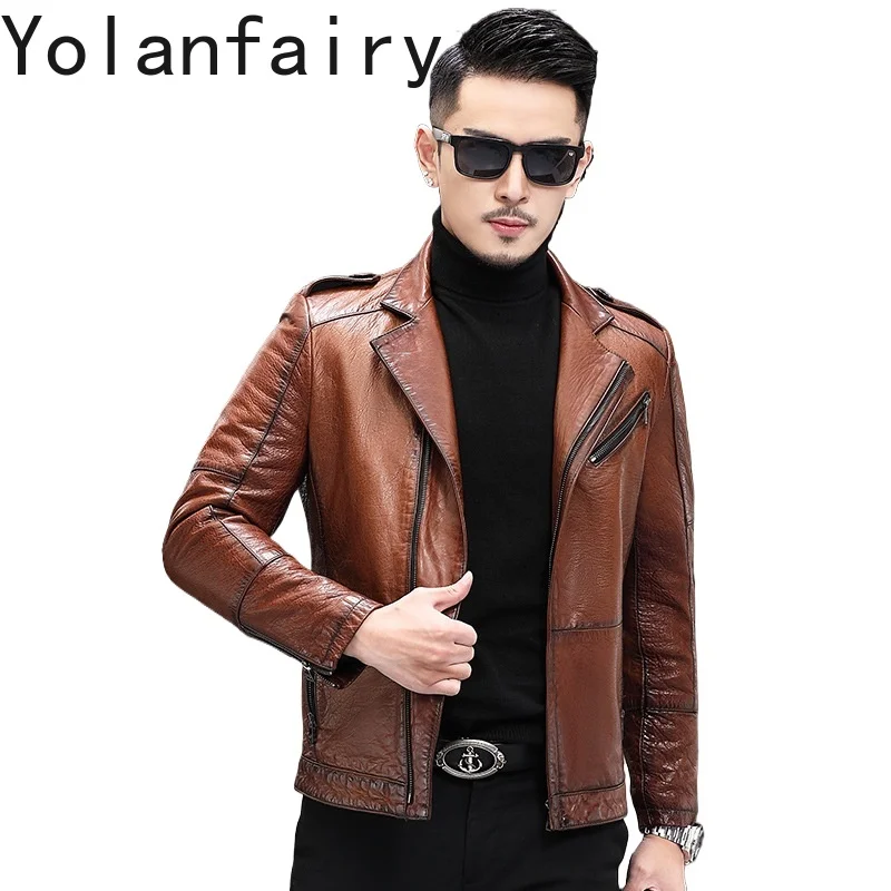 

YOLANFAIRY Genuine Leather Sheepskin Mens Jacket Spring Autumn Coats Fashion Suit Collar Jackets Slim Fit Clothing Erkek Mont