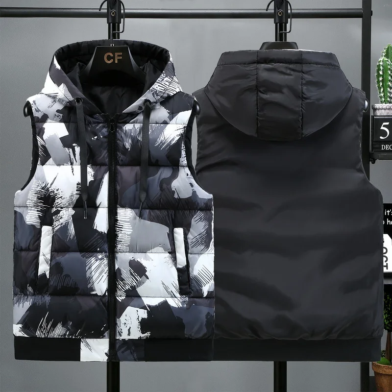 

Men Autumn Winter Thin Hooded Cotton Vest Camouflage Sleeveless Jackets Vest Outwear Thick Warm Tops Oversize Casual Slim Coats