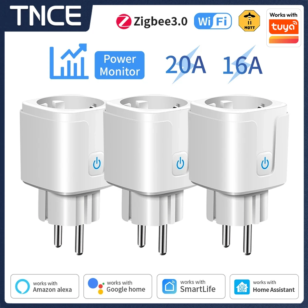 Gniazdko inteligentne TNCE TUYA EU z wtyczką EU, WiFi lub Zigbee 3.0, 16/20A, monitorowanie zużycia energii, funkcja timera, sterowanie głosowe, kompatybilne z Alexa i Google Home.