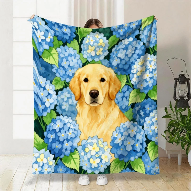 Cute Golden Retriever Puppy Portrait Blue Hydrangea Floral Throw Blanket Cozy Decorative Couch Throw for Dog Lovers Home Decor