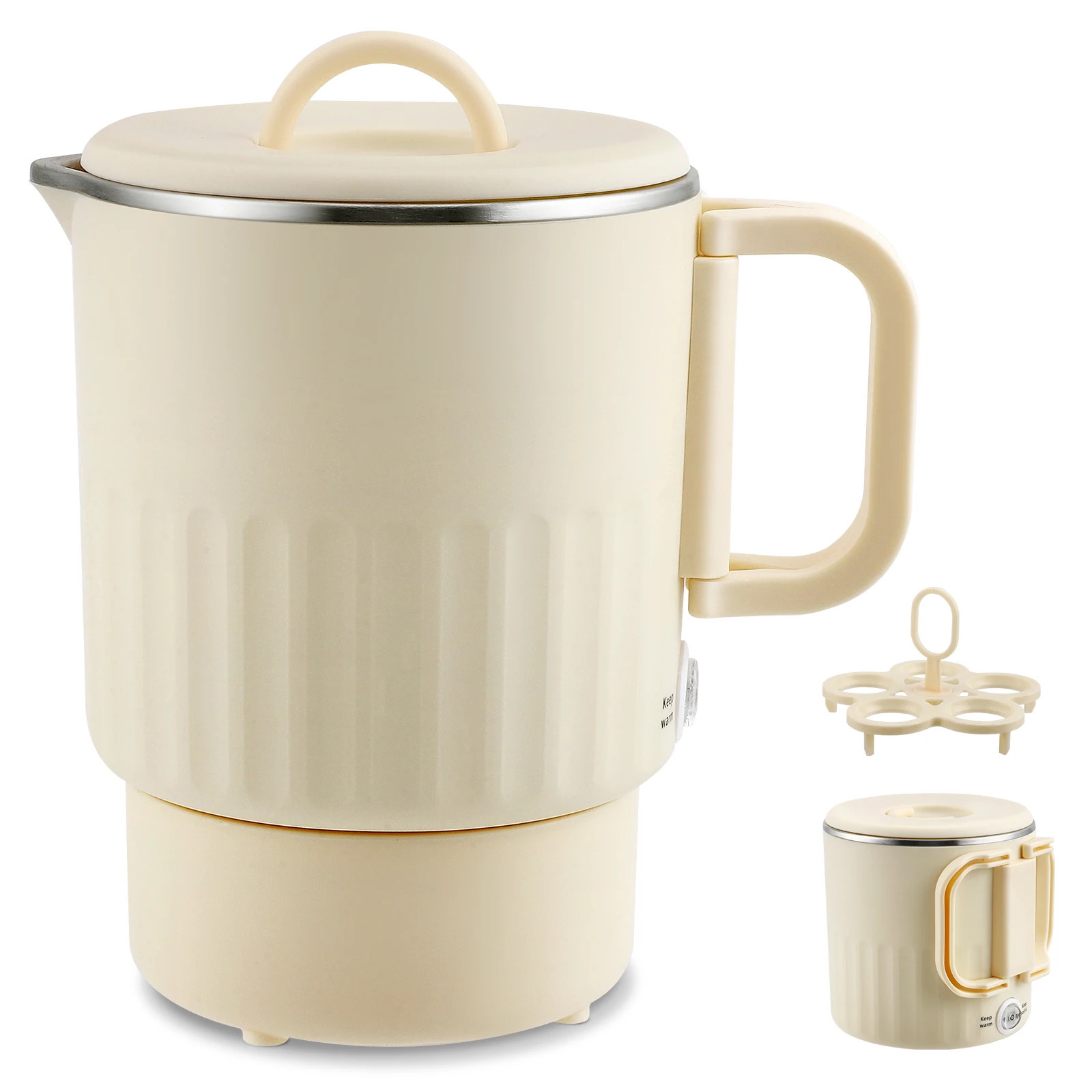 Elektrischer Wasserkocher, tragbarer Mini-Wasserkocher mit Dampfgarer, 1000 ml, großes Fassungsvermögen, Edelstahl, für Zuhause, Küche, Büro, Reisen