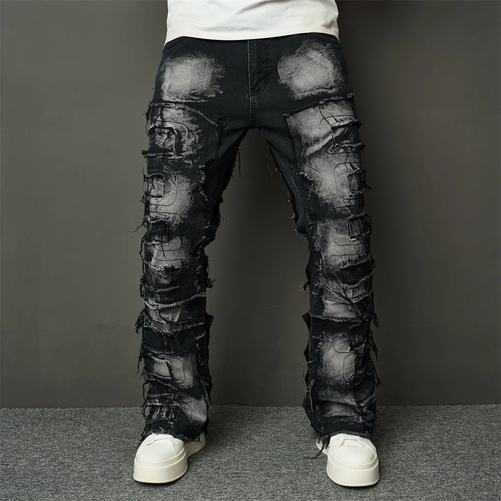 Streetwear HipHop Men Ripped Spliced Patch Straight Jeans Stylish Male Distressed Loose Biker Denim Pants