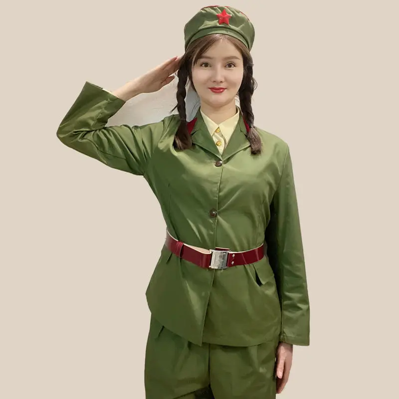 

Classic Small Lapel Leader Nostalgic Green Suits Hat Coat Pants Movie TV Performance Clothing China 1965 Women Soldier Uniform