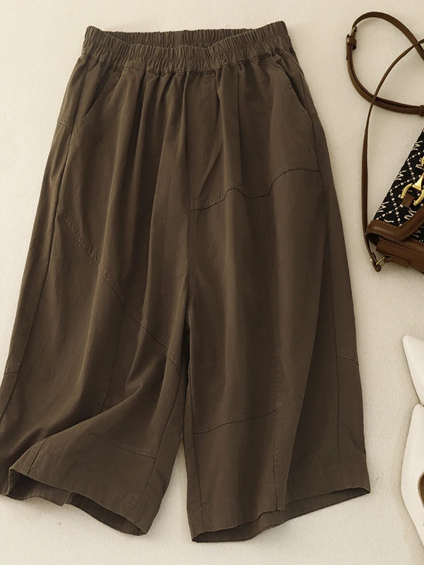 Katoenen broek met wijde pijpen Dames Loose Fit Elastische taille Casual losse damesbroek met vijfkwartlengte Sli Afslanken