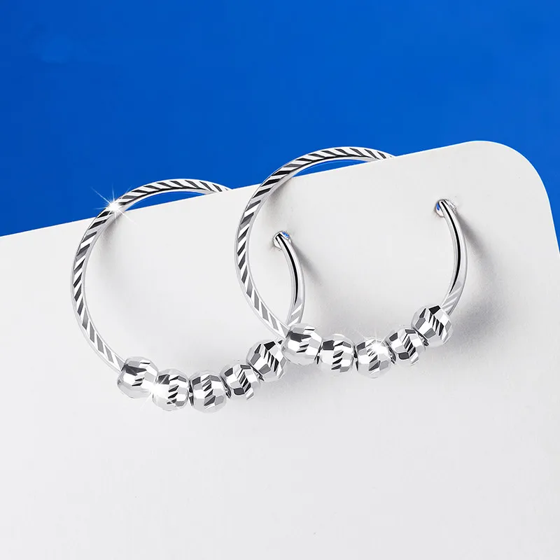 

Pure Platinum 950 Pt950 Earrings Women Lucky Beads Hoop Earrings 2.9-3.1g