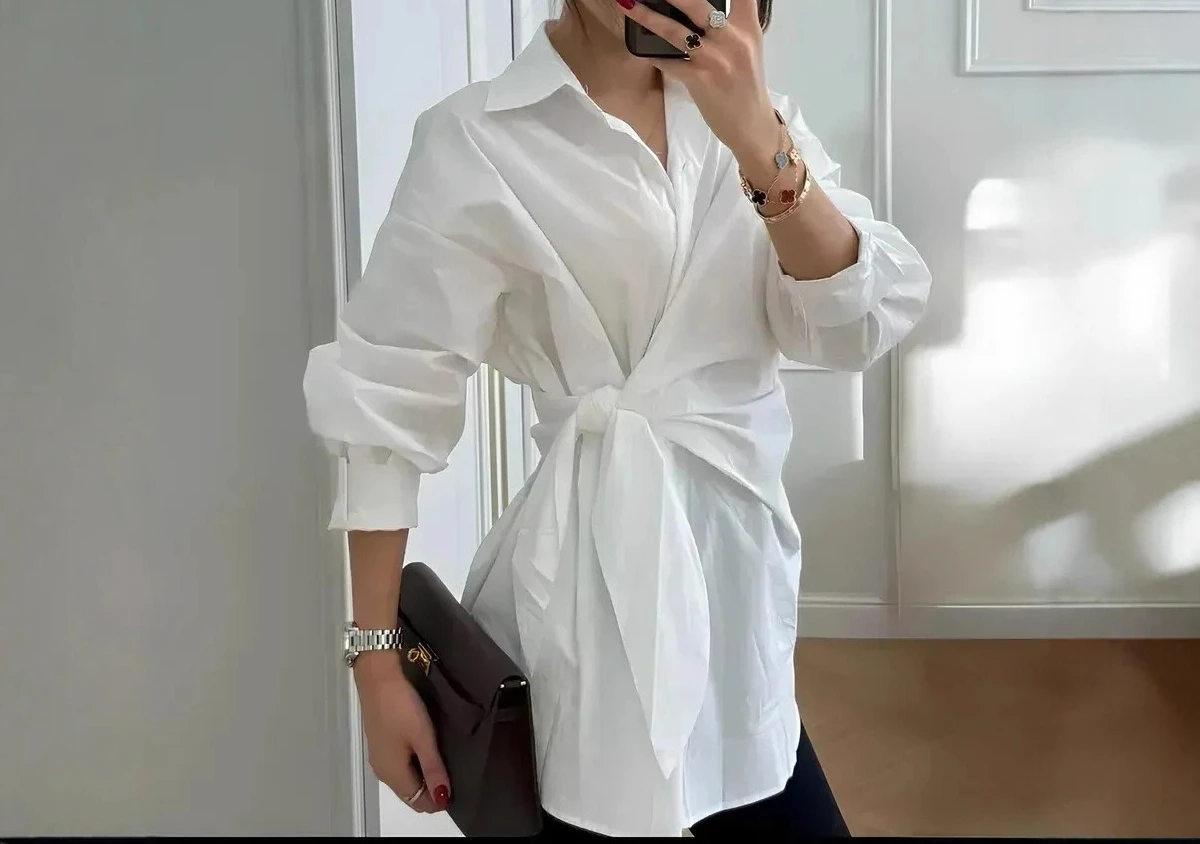 Temperament Design Lapel Single-breasted Strap Waist Thin Long-sleeved Shirt Top