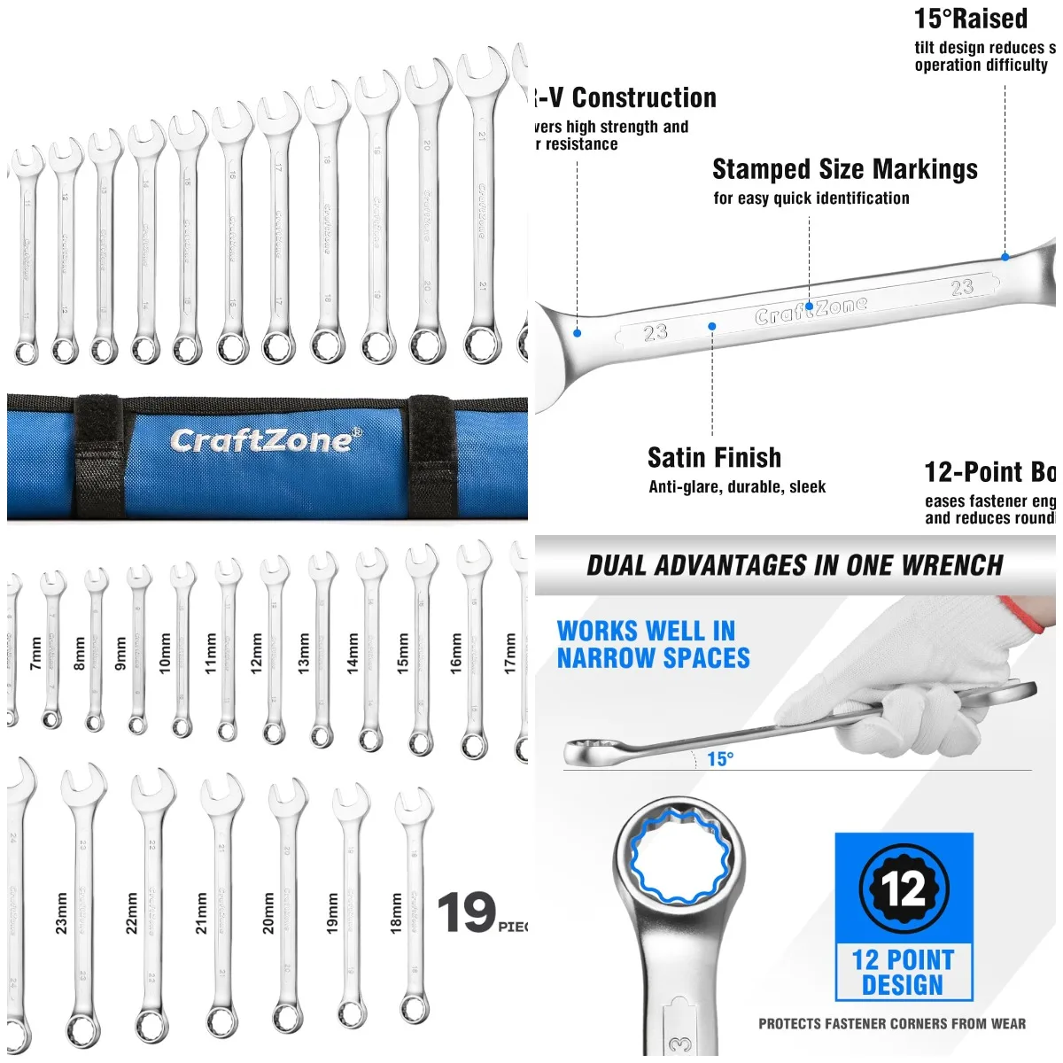 

19-Piece 6-24mm Metric Combination Wrench Set 12-Point with Pouch for Workshop DIY Repair