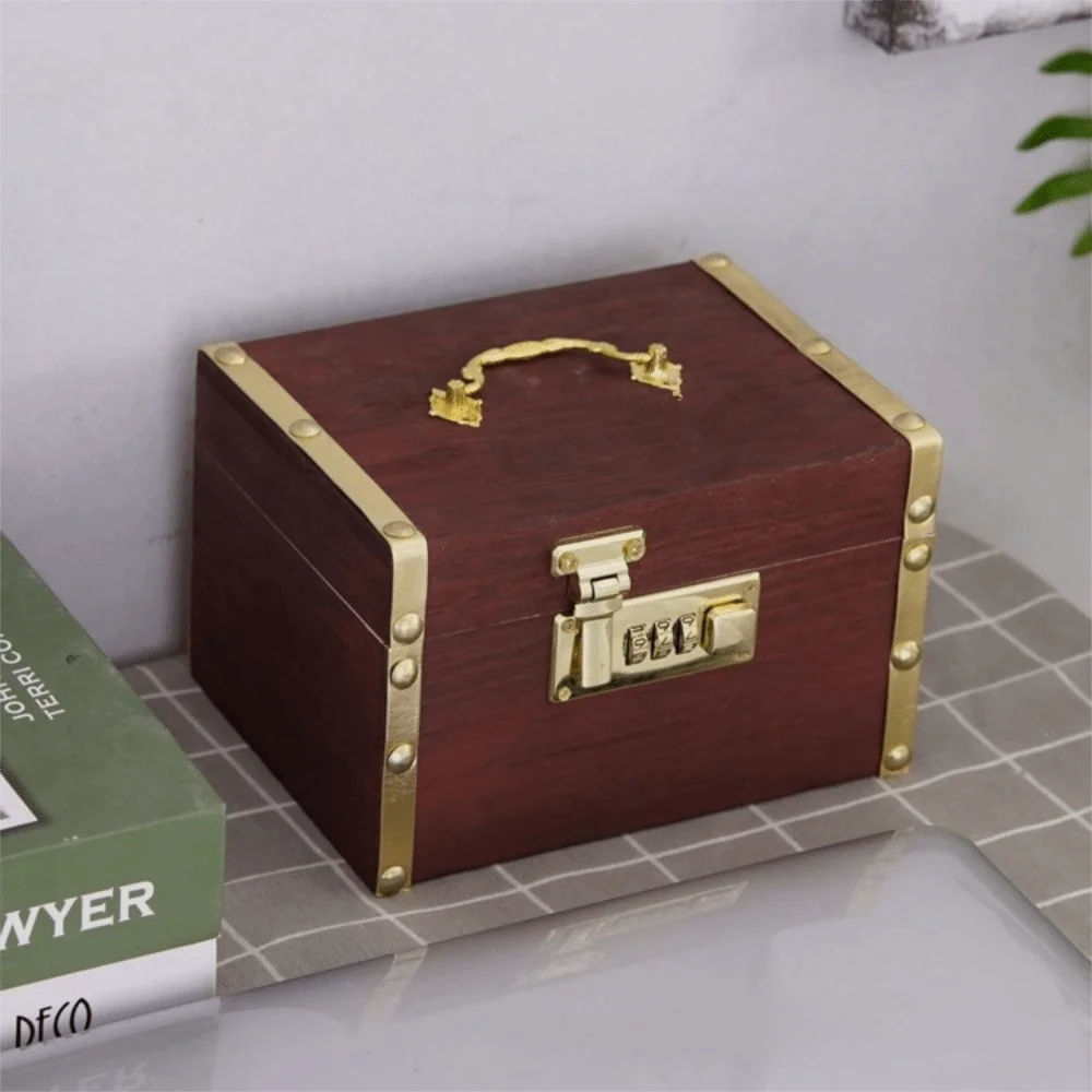 Retro Wooden Money Bank Large Capacity With Handle Piggy Bank With Password Lock Three-digit Password Treasure Storage Box