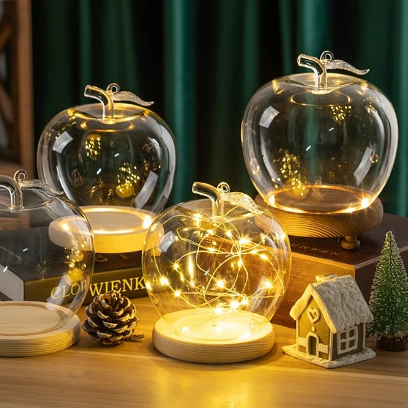 Glass Dust Cover Hand Ornaments Christmas Flowers Glass Cover Creative Christmas Eve Apple-shaped Glass Cover Wooden Base