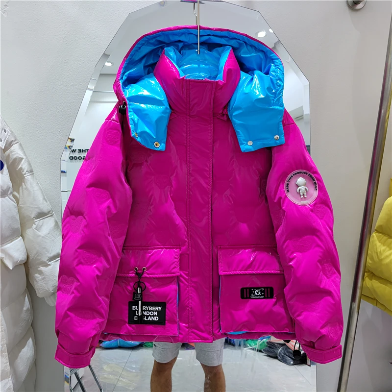 Doudoune courte à capuche brillante pour femme, manteau en coton chaud, veste épissée, imprimé lettre, parkas femme, mode, hiver, 2022