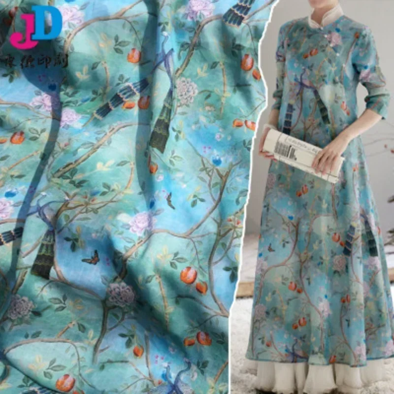 

High quality natural ramie printed linen women's dress DIY hand-stitched designer fabric long skirt dress, summer by the meter