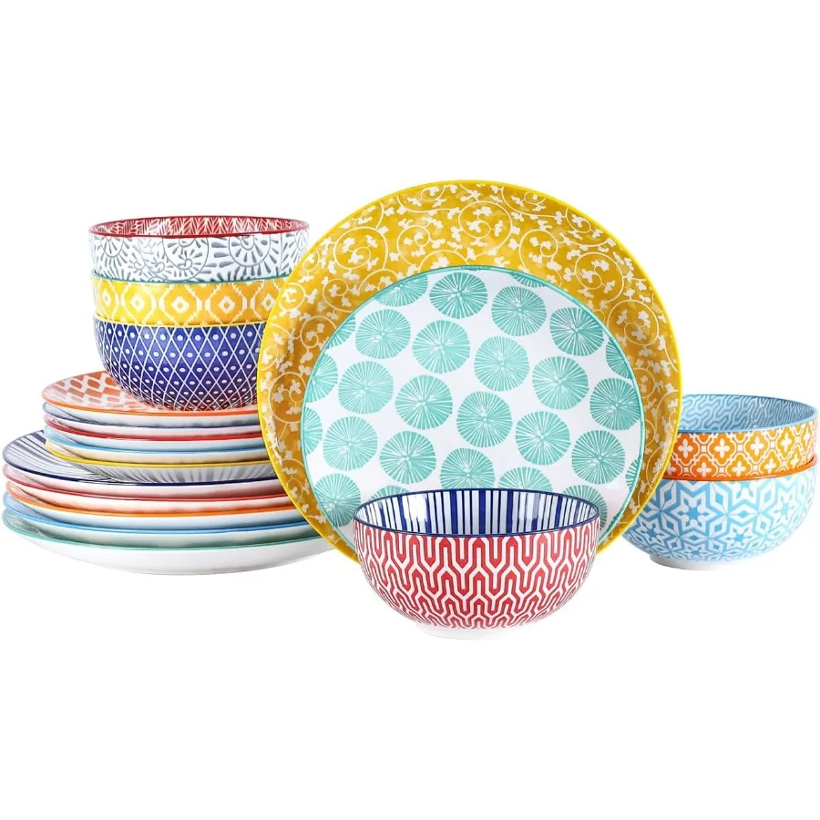 

Ceramic Dinnerware Sets for 6 18 Pieces Plates and Bowls Set Scratch Resistant Dishes Set DishwasherandMicrowave Safe Assorted