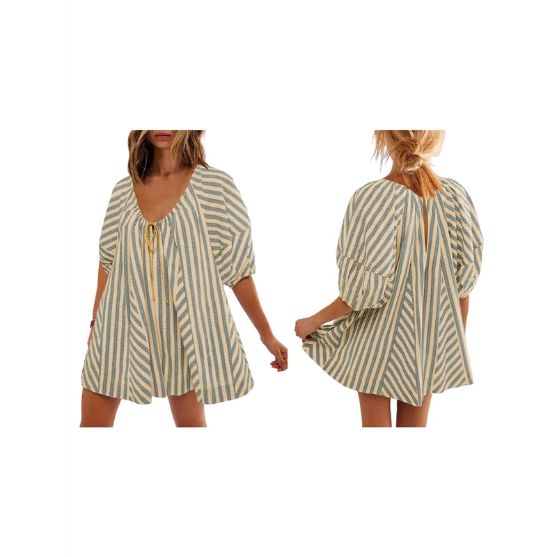 

A09P Womens Oversized Striped Romper Dress Shorts Jumpsuit Beach Vacation Clothes With Pockets Apricot M