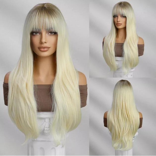 

Light Blonde with Bangs for Women Long Wavy Layered 26 Inch Daily Party Wig