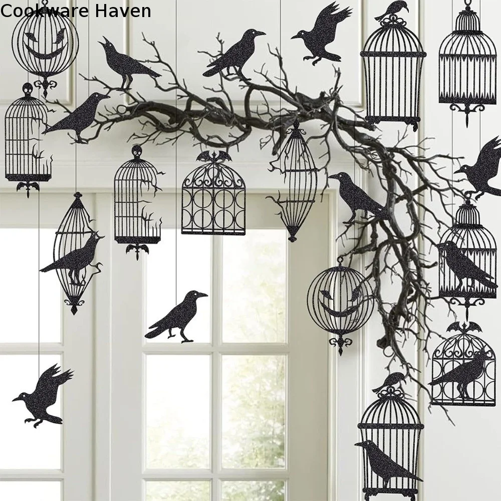12pcs Dark Glittery Halloween Garland Lightweight Pack of 12 Black Crow Hanging Decor Ready To Hang Flat Pack
