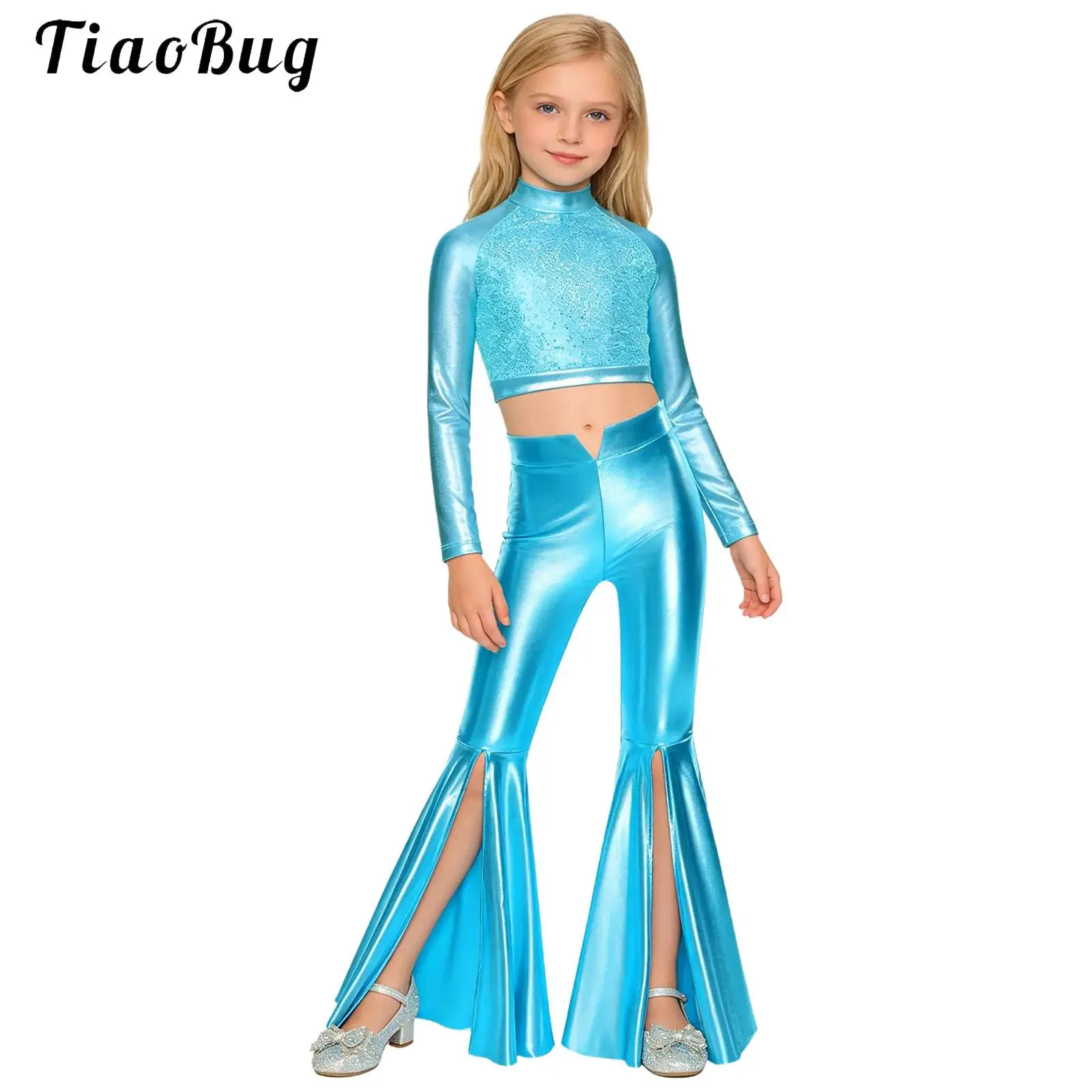 

Kids Girls Shiny Halloween Disco Hippie Costume Long Sleeve Sequin Crop Top with Split Bell-Bottom Pants Jazz Dance Pageant Set