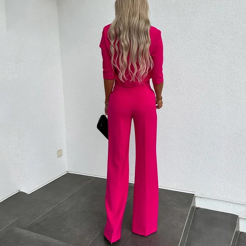 2023 Women Korean Solid Short Tops Two Piece Sets Simple Round Neck Loose Straight Long Pants Set High Waist Ladies Autumn