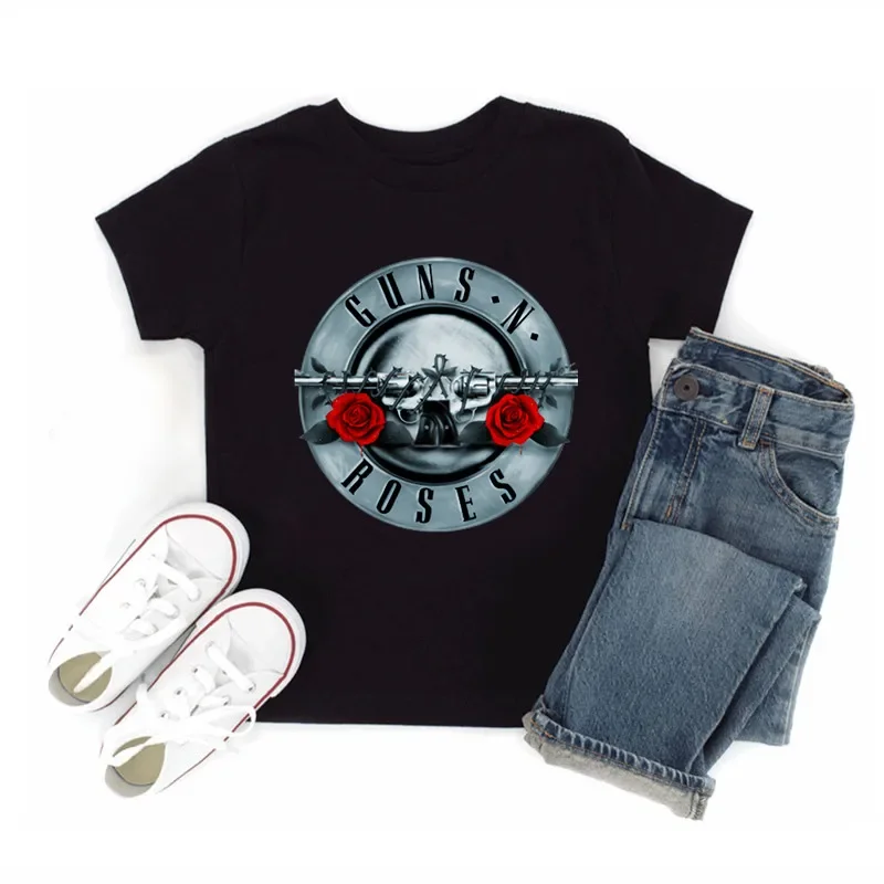 Rock Band Gun N Roses Print Kids T shirt Fashion Baby Girls Clothes Summer Children Tops Cotton Black Boys Short Sleeve T-shirts