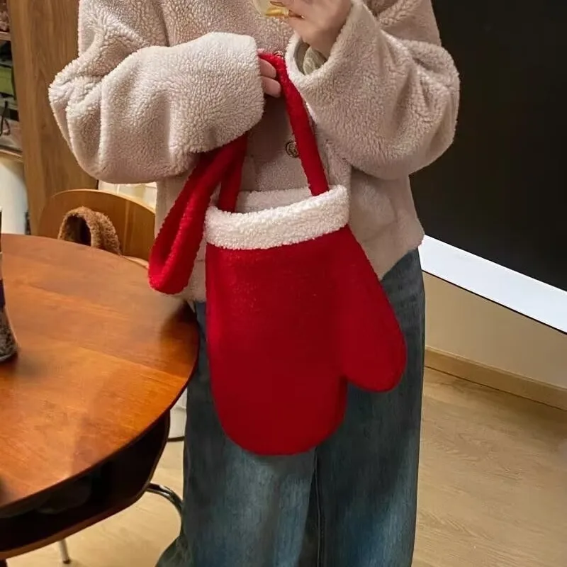 

2024 Christmas Red Gloves Messenger Bag Holiday Party Shopping Kawaii Decorative Glove Bag Couple New Year Gift