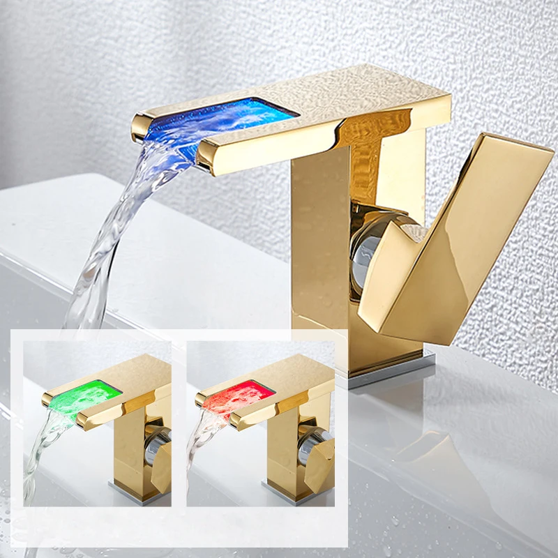 

LED Basin Faucet Brass Waterfall Faucet Temperature Colors Change Bathroom Cold Hot Water Mixer Tap Deck Mounted Wash Sink Taps