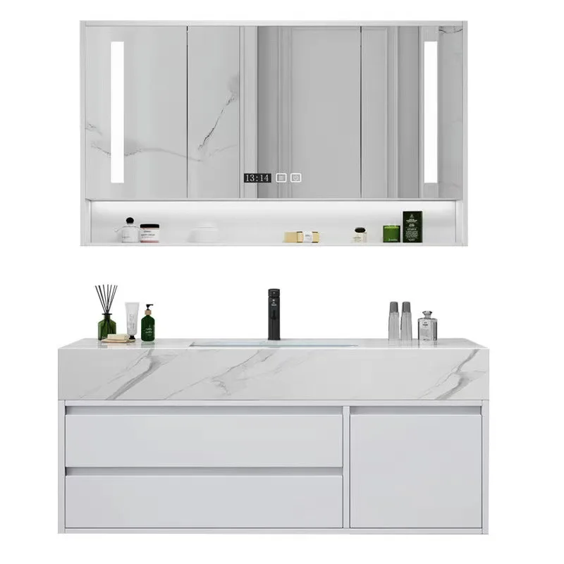 

Cream wind slate ceramic bathroom cabinet new solid wood bathroom light luxury smart bathroom combination