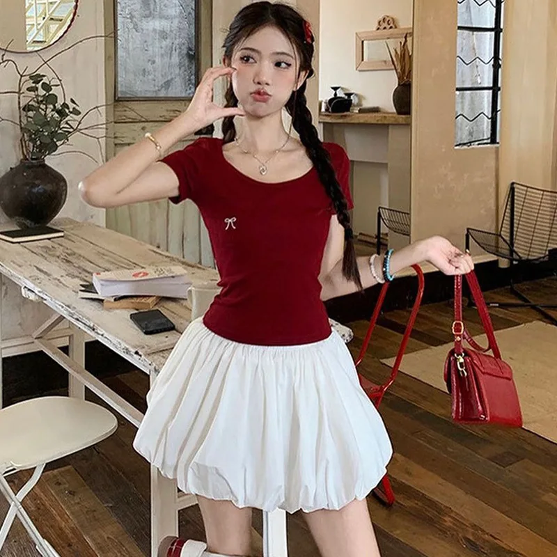 2024 Summer New Solid Color Low Waist Pleated Casual Girls Hundred Short Half-body Skirt