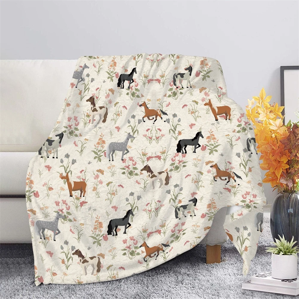 

HX Animals Flannel Blanket Little Floral Horse 3D Printed Throw Blankets for Beds Winter Plush Quilts Baby Blanket 180x150cm