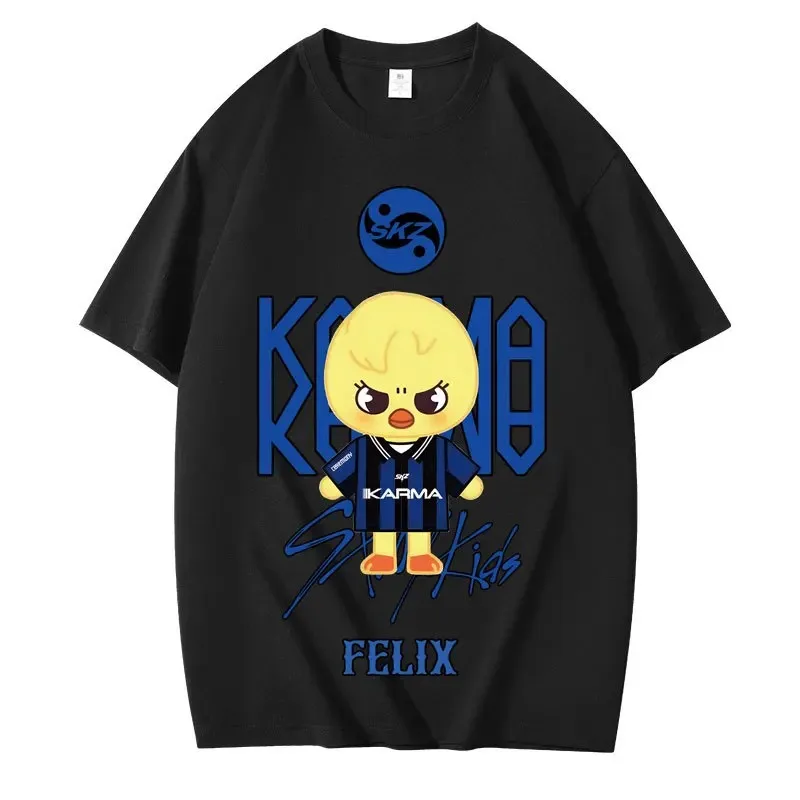 KPOP كارما هيونجين الكرتون المطبوعة سوبر كبير عادية لطيف موضة تي شيرت الكورية موضة المشجعين القطن تي شيرت Harajuku