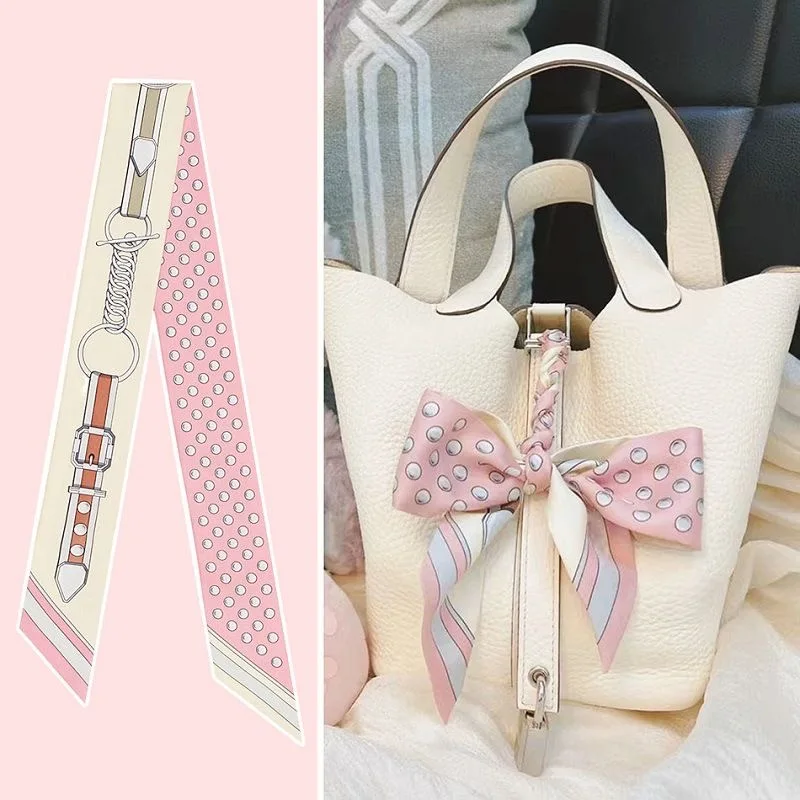 Women Summer Pink Polka Dot Scarf Bag Ribbon Decorative Handles Printed Long Streamer Fashion Accessory for Celebrations