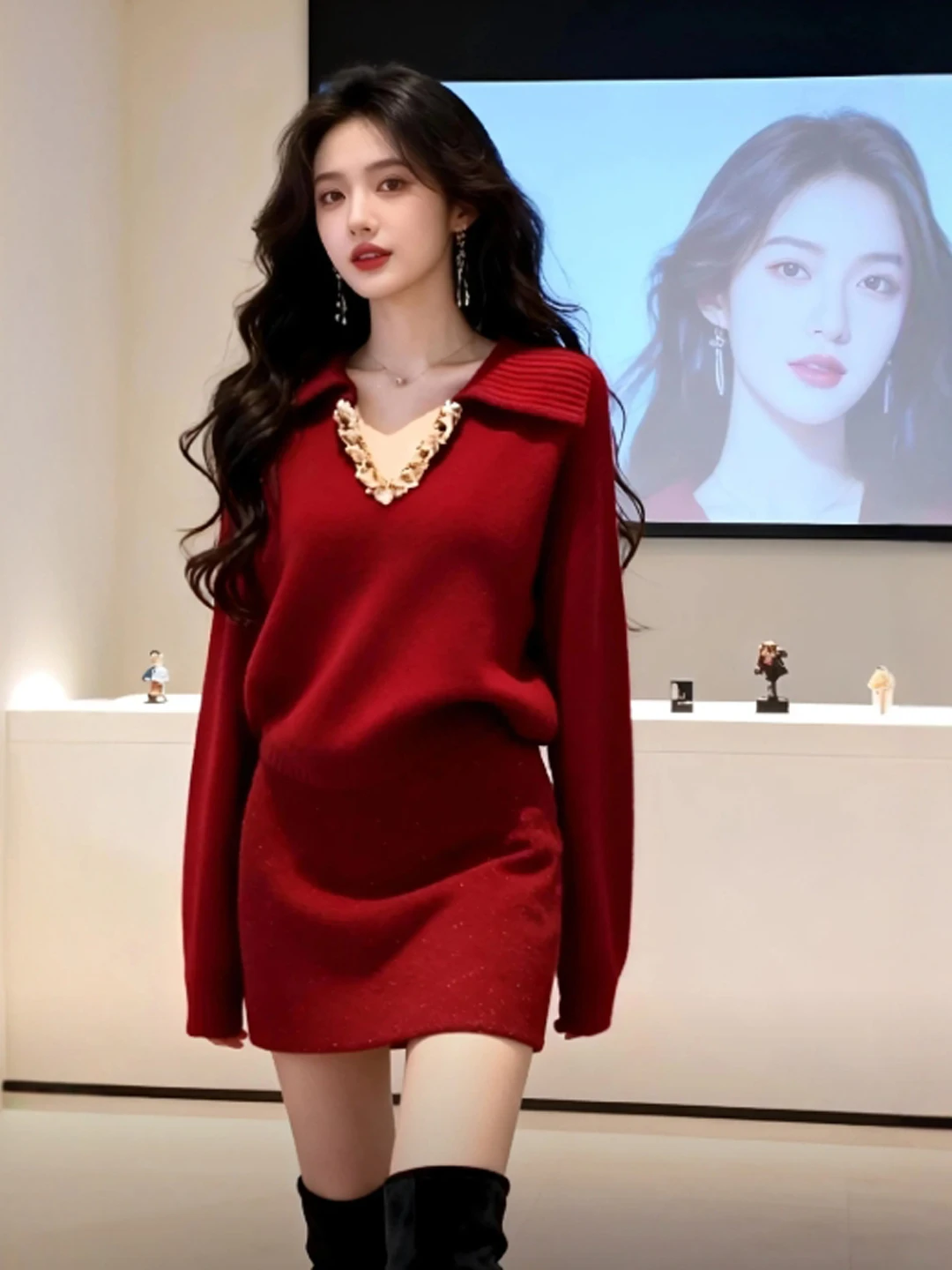 

Красный вязаный комплект из топа и юбки для женщин: модная весенняя коллекция, хлопковая смесь, длинный рукав, V-образный вырез, повседневная деловая одежда