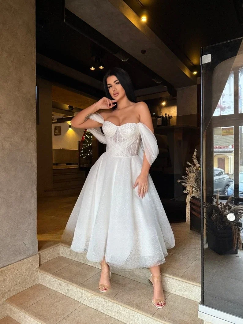 Vestido de novia con corsé Elopement, vestidos de novia largos hasta el té, vestido de despedida de soltera corto y brillante, vestido de novia sencillo