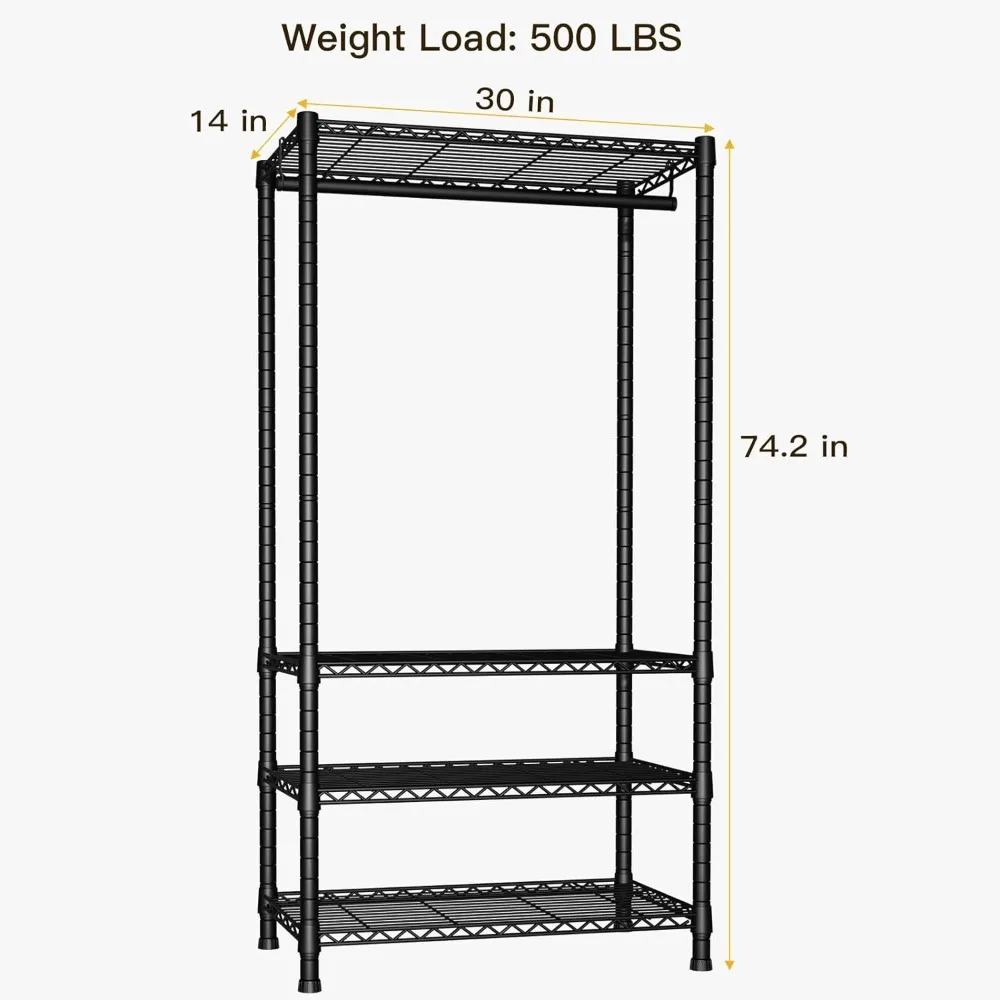 Clothes Rack, Freestanding 4 Tiers Garment Rack for Hanging Clothes with Shelves and Hangers, Max Load 500 LBS, Coat Rack