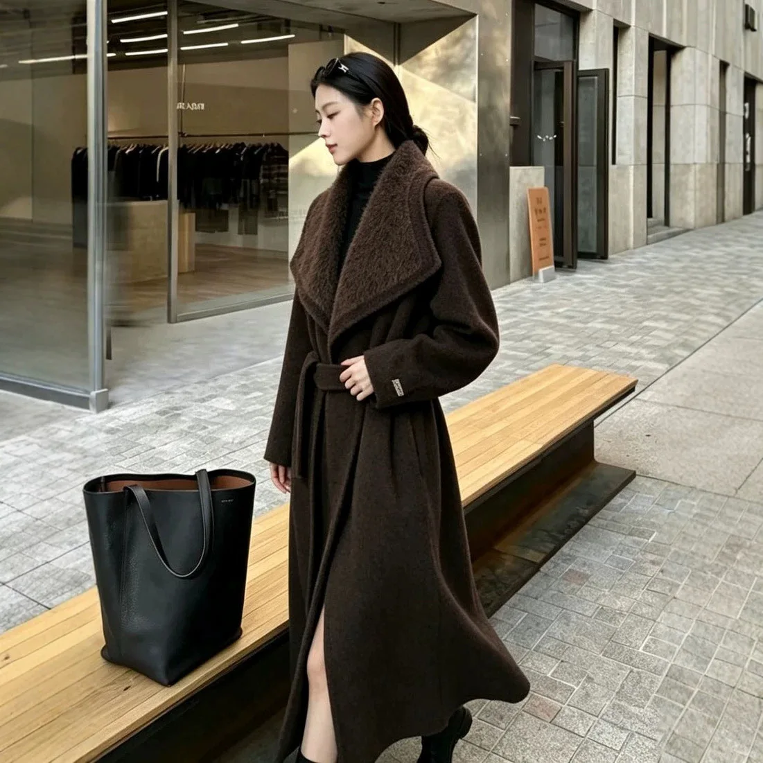Oversized Lapel Luxury Hand Sewn Double Face Wool Coat Women Long Belted Loose Minimalist Design Autumn Winter Woolen Outerwear