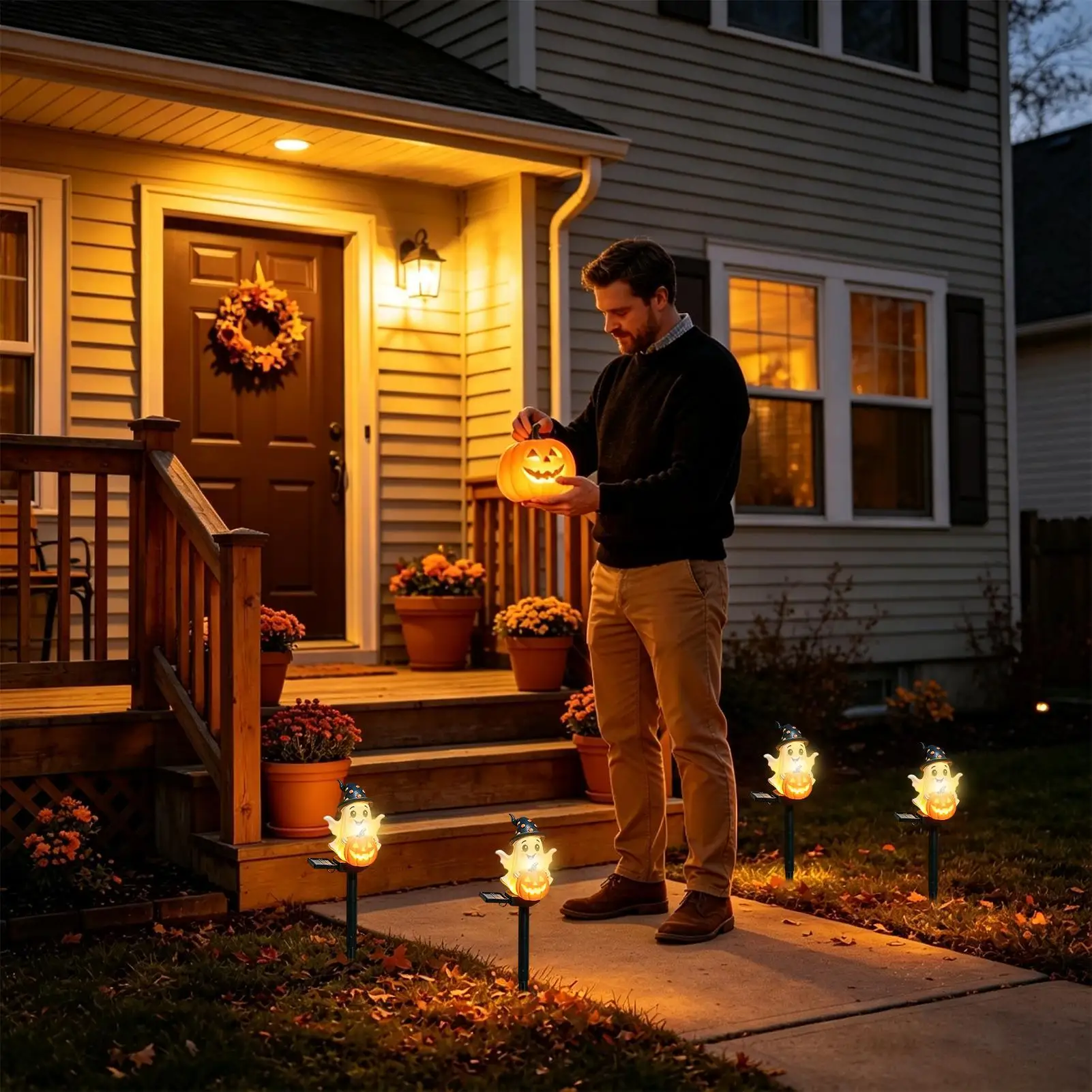 Halloween Solar Lights Outdoor Cute Waterproof Resin Figurine Ghost Pumpkin Solar Light Yard Stake For Garden Courtyard Patio