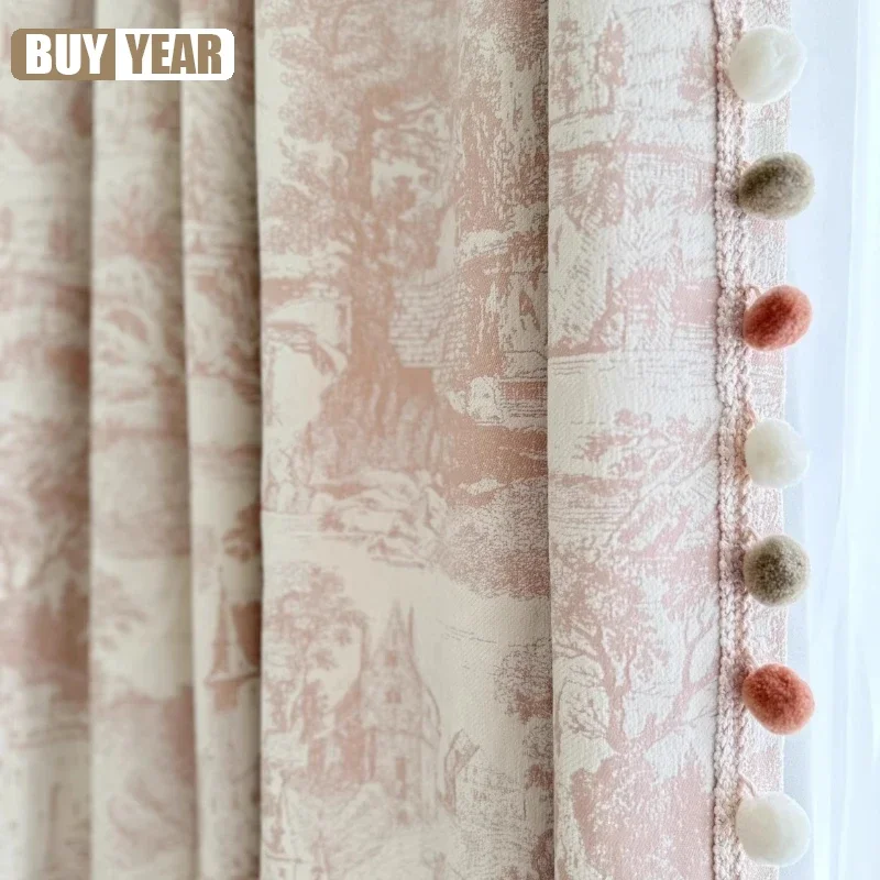 

Pink French Curtains Retro Living Room Bedroom American Chenille Jacquard Fabric Curtains for Living Dining Room Bedroom Custom