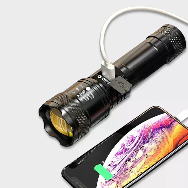 LED 18650 Flashlight Waterproof Camping Hiking Emergency Survival Lamp USB Rechargeable High Power Telescopic Zoom Flashlights