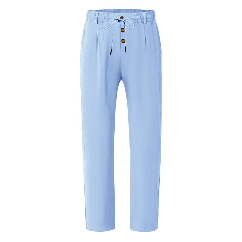 Herren Boho Leinenmischung Weite Hose mit Hoher Taille, Kordelzug, Knopfleiste, Lockerer Passform und Seitentaschen – Detail 34
